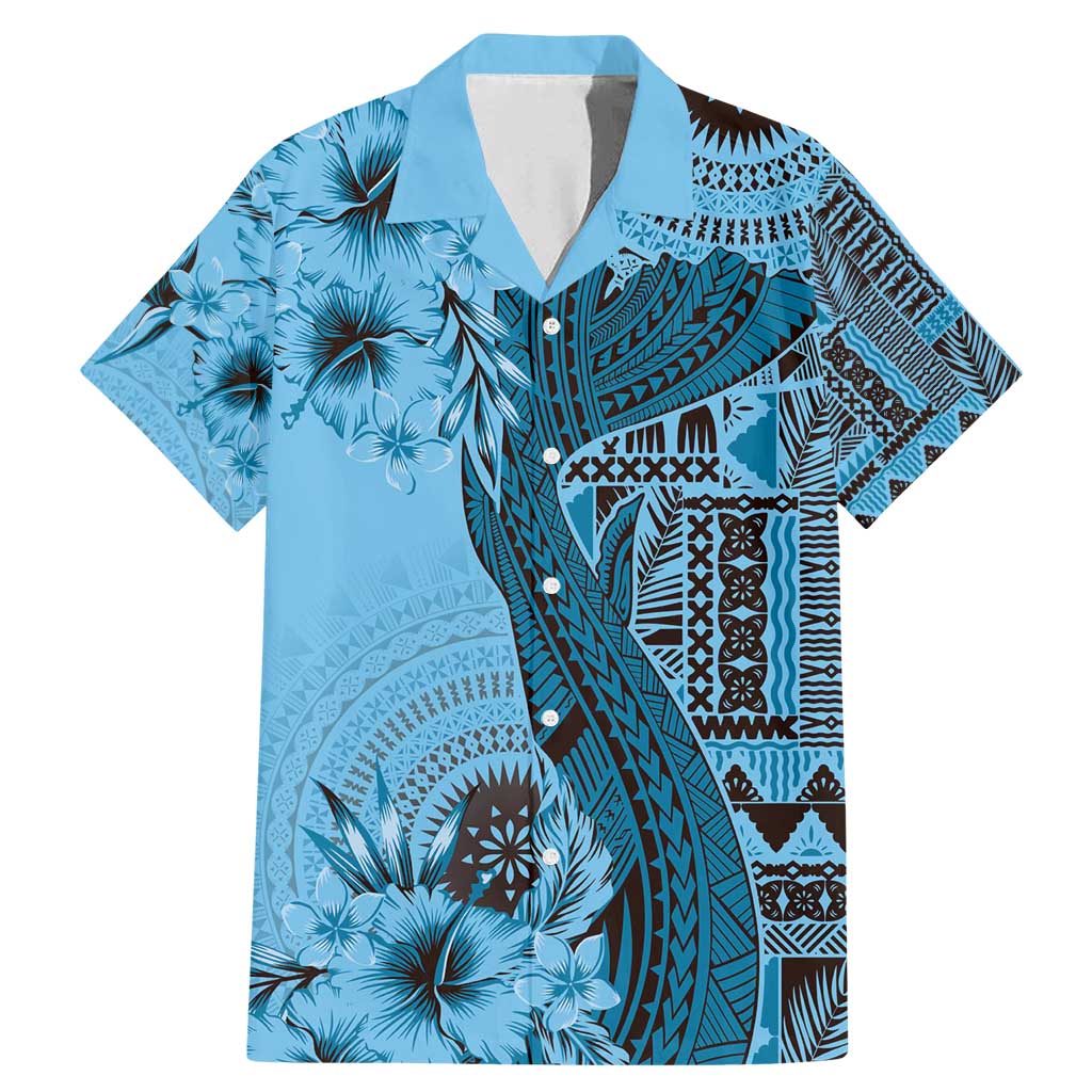 Bula Fiji Family Matching Mermaid Dress and Hawaiian Shirt Shark Tail Turquoise Masi Tapa LT7 Dad's Shirt - Short Sleeve Turquoise - Polynesian Pride