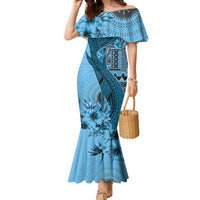 Bula Fiji Family Matching Mermaid Dress and Hawaiian Shirt Shark Tail Turquoise Masi Tapa LT7 Mom's Dress Turquoise - Polynesian Pride