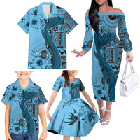 Bula Fiji Family Matching Off The Shoulder Long Sleeve Dress and Hawaiian Shirt Shark Tail Turquoise Masi Tapa LT7 - Polynesian Pride