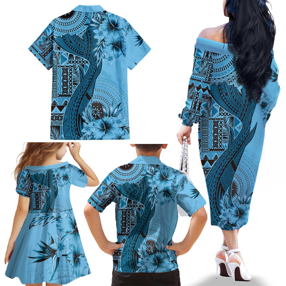 Bula Fiji Family Matching Off The Shoulder Long Sleeve Dress and Hawaiian Shirt Shark Tail Turquoise Masi Tapa LT7 - Polynesian Pride