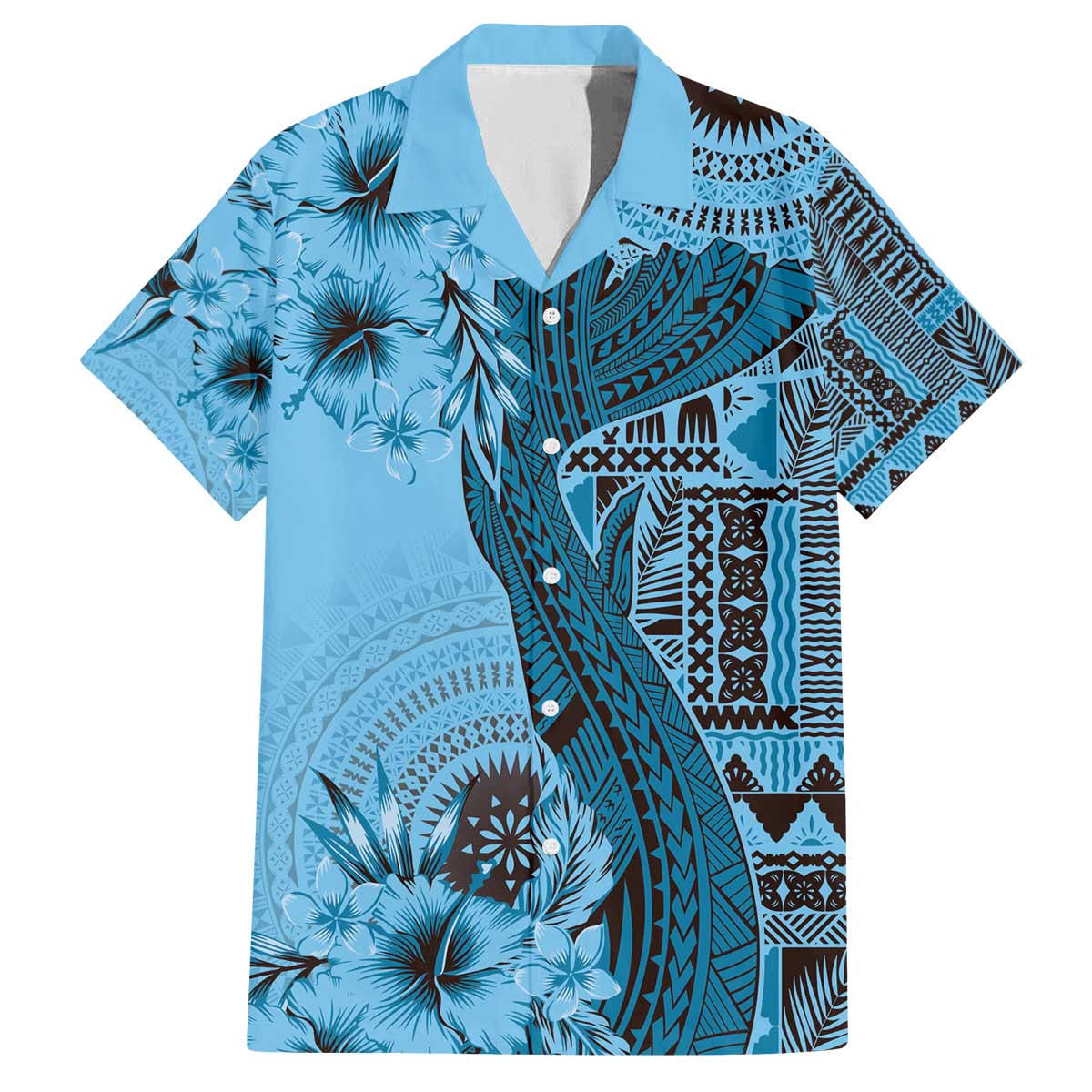 Bula Fiji Family Matching Off The Shoulder Long Sleeve Dress and Hawaiian Shirt Shark Tail Turquoise Masi Tapa LT7 Dad's Shirt - Short Sleeve Turquoise - Polynesian Pride