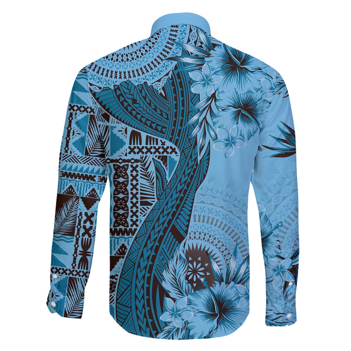 Bula Fiji Family Matching Off The Shoulder Long Sleeve Dress and Hawaiian Shirt Shark Tail Turquoise Masi Tapa LT7 - Polynesian Pride