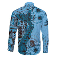Bula Fiji Family Matching Off The Shoulder Long Sleeve Dress and Hawaiian Shirt Shark Tail Turquoise Masi Tapa LT7 - Polynesian Pride