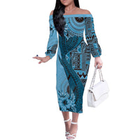 Bula Fiji Family Matching Off The Shoulder Long Sleeve Dress and Hawaiian Shirt Shark Tail Turquoise Masi Tapa LT7 Mom's Dress Turquoise - Polynesian Pride