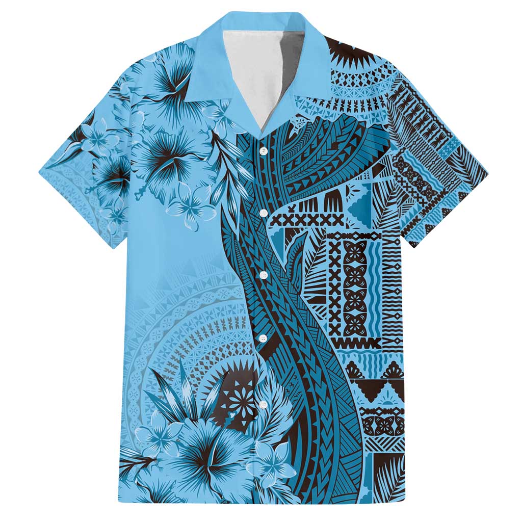 Bula Fiji Family Matching Off Shoulder Maxi Dress and Hawaiian Shirt Shark Tail Turquoise Masi Tapa LT7 Dad's Shirt - Short Sleeve Turquoise - Polynesian Pride