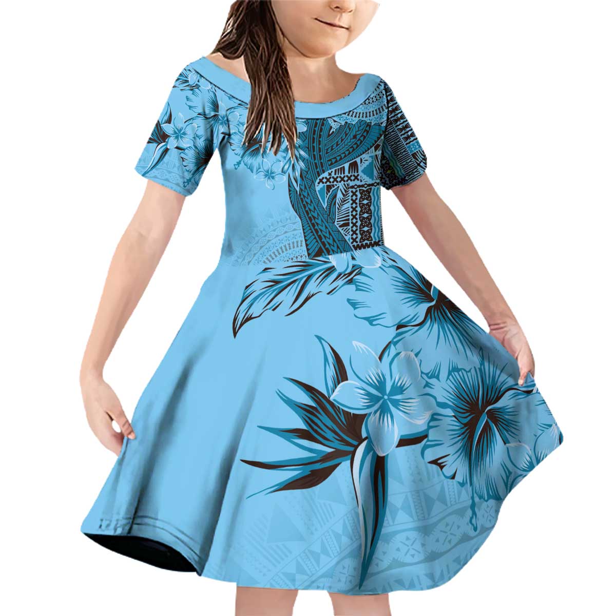 Bula Fiji Family Matching Off Shoulder Short Dress and Hawaiian Shirt Shark Tail Turquoise Masi Tapa LT7 Daughter's Dress Turquoise - Polynesian Pride
