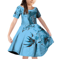 Bula Fiji Family Matching Off Shoulder Short Dress and Hawaiian Shirt Shark Tail Turquoise Masi Tapa LT7 Daughter's Dress Turquoise - Polynesian Pride