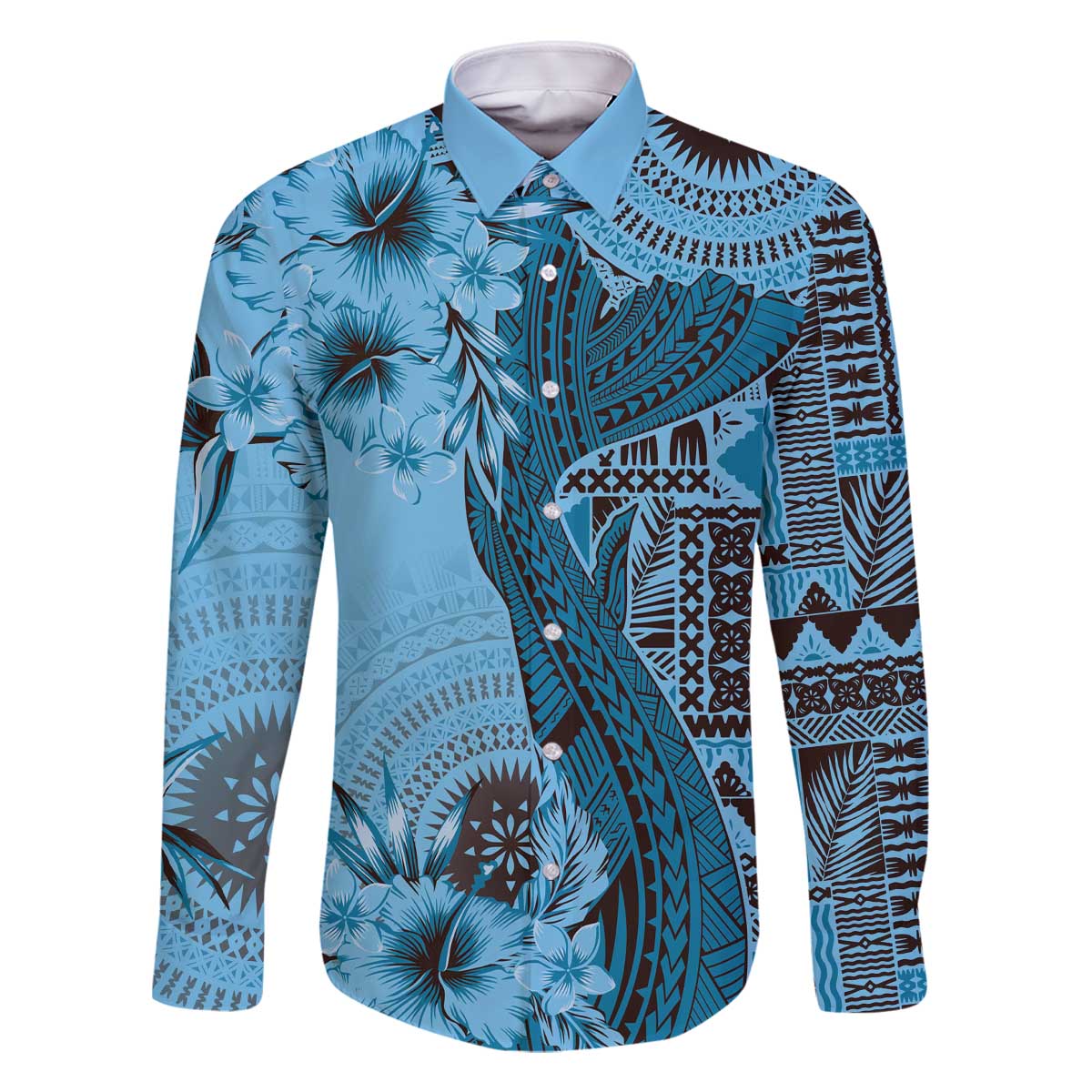 Bula Fiji Family Matching Off Shoulder Short Dress and Hawaiian Shirt Shark Tail Turquoise Masi Tapa LT7 Dad's Shirt - Long Sleeve Turquoise - Polynesian Pride