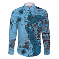 Bula Fiji Family Matching Off Shoulder Short Dress and Hawaiian Shirt Shark Tail Turquoise Masi Tapa LT7 Dad's Shirt - Long Sleeve Turquoise - Polynesian Pride