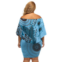 Bula Fiji Family Matching Off Shoulder Short Dress and Hawaiian Shirt Shark Tail Turquoise Masi Tapa LT7 - Polynesian Pride
