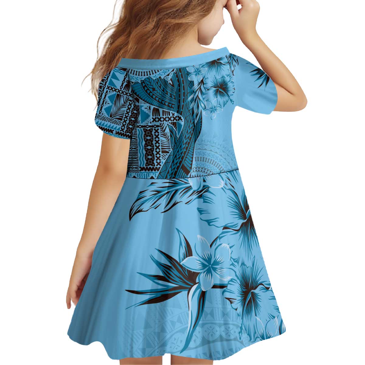 Bula Fiji Family Matching Puletasi and Hawaiian Shirt Shark Tail Turquoise Masi Tapa LT7 - Polynesian Pride
