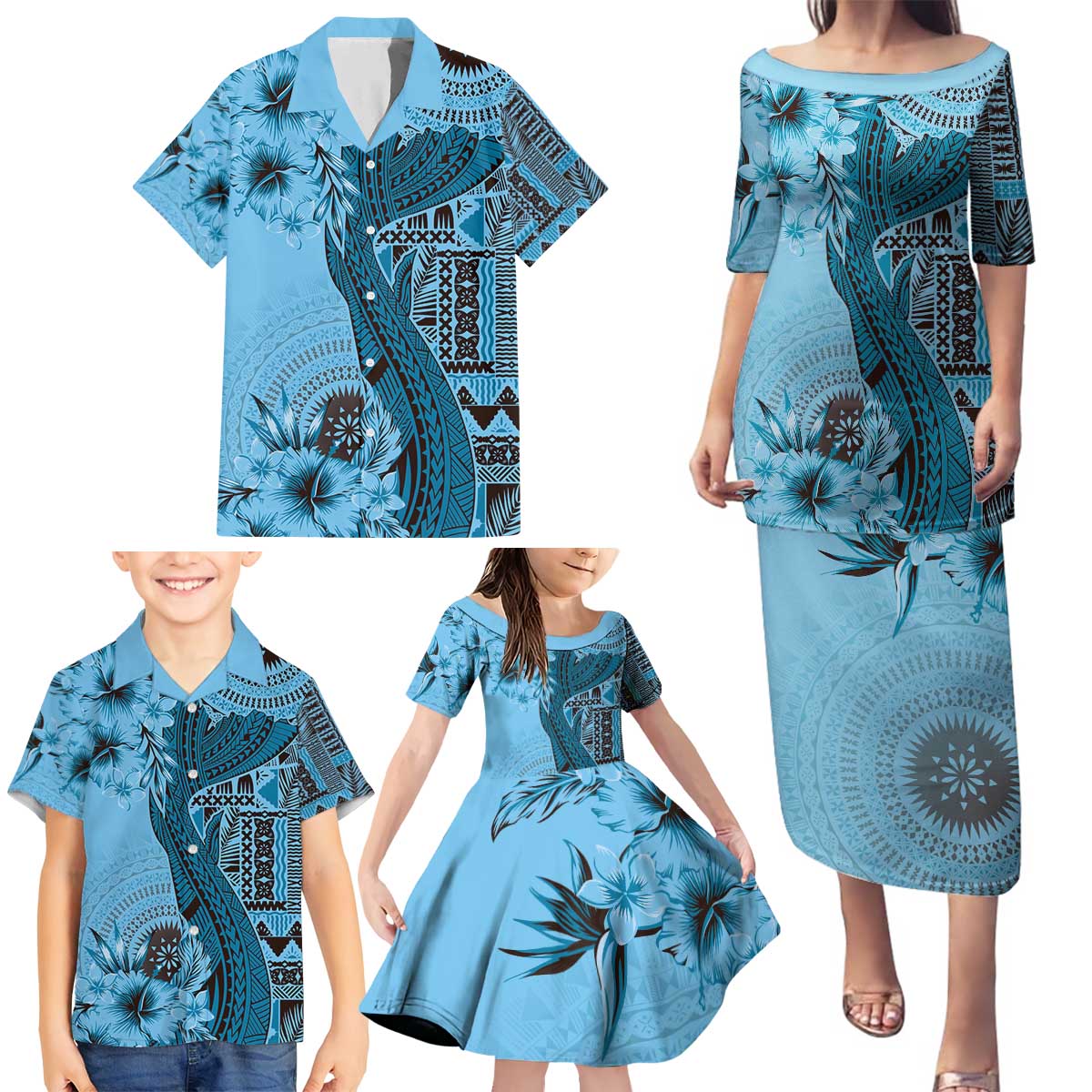 Bula Fiji Family Matching Puletasi and Hawaiian Shirt Shark Tail Turquoise Masi Tapa LT7 - Polynesian Pride