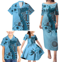 Bula Fiji Family Matching Puletasi and Hawaiian Shirt Shark Tail Turquoise Masi Tapa LT7 - Polynesian Pride