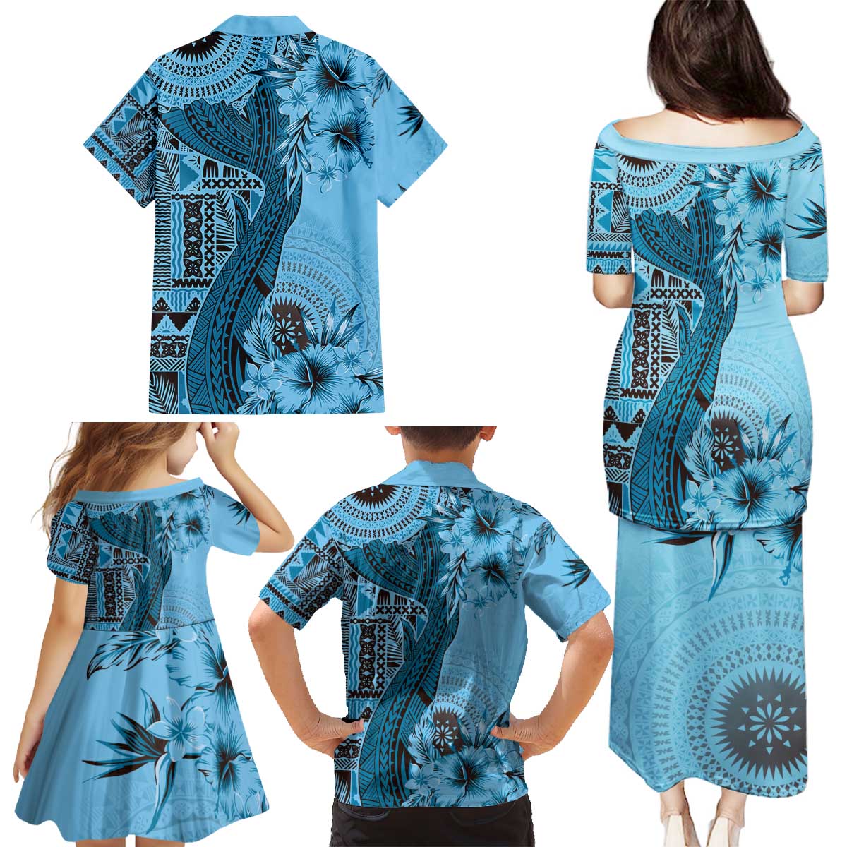 Bula Fiji Family Matching Puletasi and Hawaiian Shirt Shark Tail Turquoise Masi Tapa LT7 - Polynesian Pride