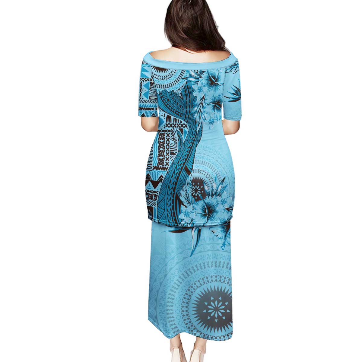 Bula Fiji Family Matching Puletasi and Hawaiian Shirt Shark Tail Turquoise Masi Tapa LT7 - Polynesian Pride