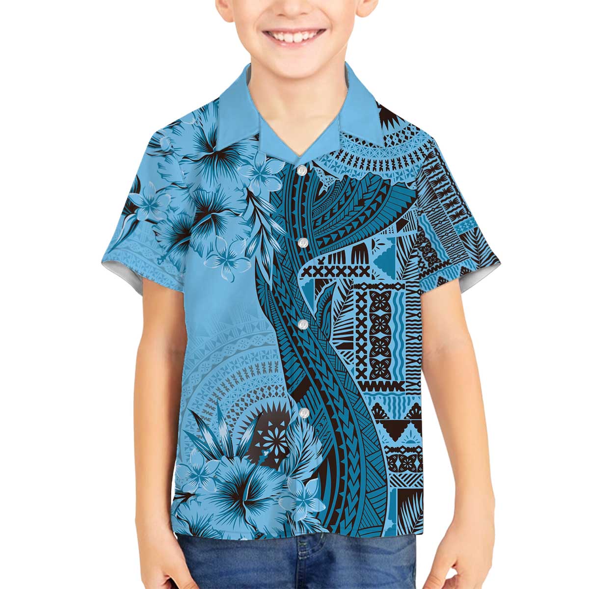 Bula Fiji Family Matching Puletasi and Hawaiian Shirt Shark Tail Turquoise Masi Tapa LT7 Son's Shirt Turquoise - Polynesian Pride