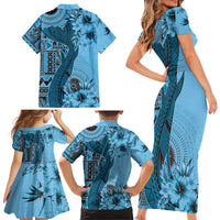 Bula Fiji Family Matching Short Sleeve Bodycon Dress and Hawaiian Shirt Shark Tail Turquoise Masi Tapa LT7 - Polynesian Pride