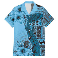 Bula Fiji Family Matching Short Sleeve Bodycon Dress and Hawaiian Shirt Shark Tail Turquoise Masi Tapa LT7 Dad's Shirt - Short Sleeve Turquoise - Polynesian Pride