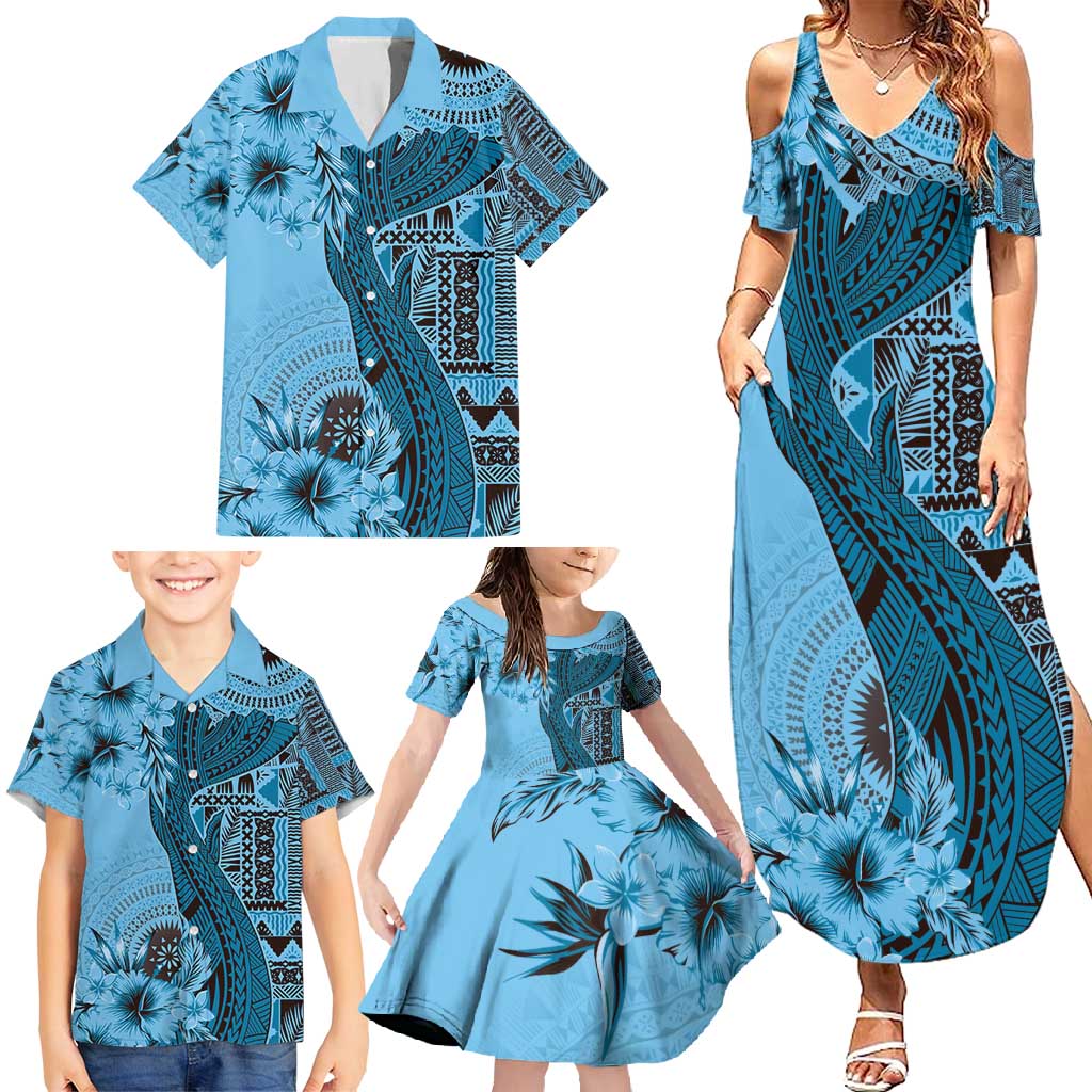 Bula Fiji Family Matching Summer Maxi Dress and Hawaiian Shirt Shark Tail Turquoise Masi Tapa LT7 - Polynesian Pride