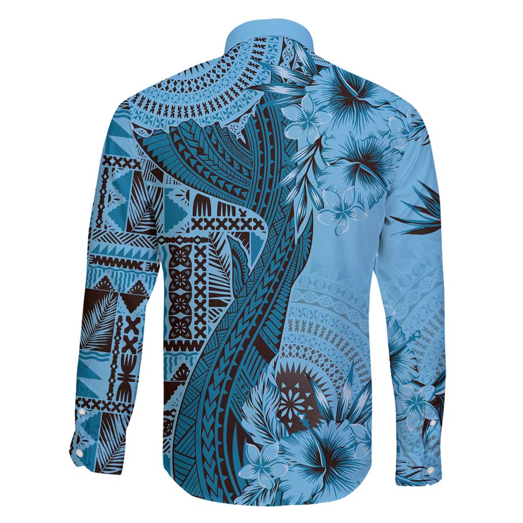 Bula Fiji Family Matching Summer Maxi Dress and Hawaiian Shirt Shark Tail Turquoise Masi Tapa LT7 - Polynesian Pride