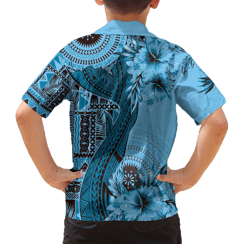 Bula Fiji Family Matching Tank Maxi Dress and Hawaiian Shirt Shark Tail Turquoise Masi Tapa LT7 - Polynesian Pride