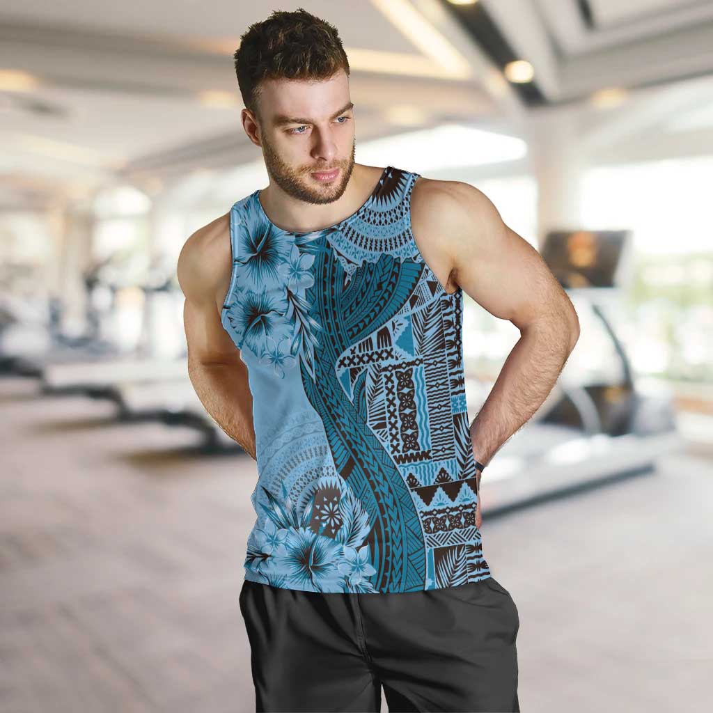 Bula Fiji Men Tank Top Shark Tail Turquoise Masi Tapa LT7 Turquoise - Polynesian Pride
