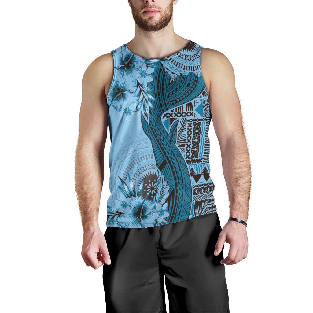 Bula Fiji Men Tank Top Shark Tail Turquoise Masi Tapa LT7 - Polynesian Pride