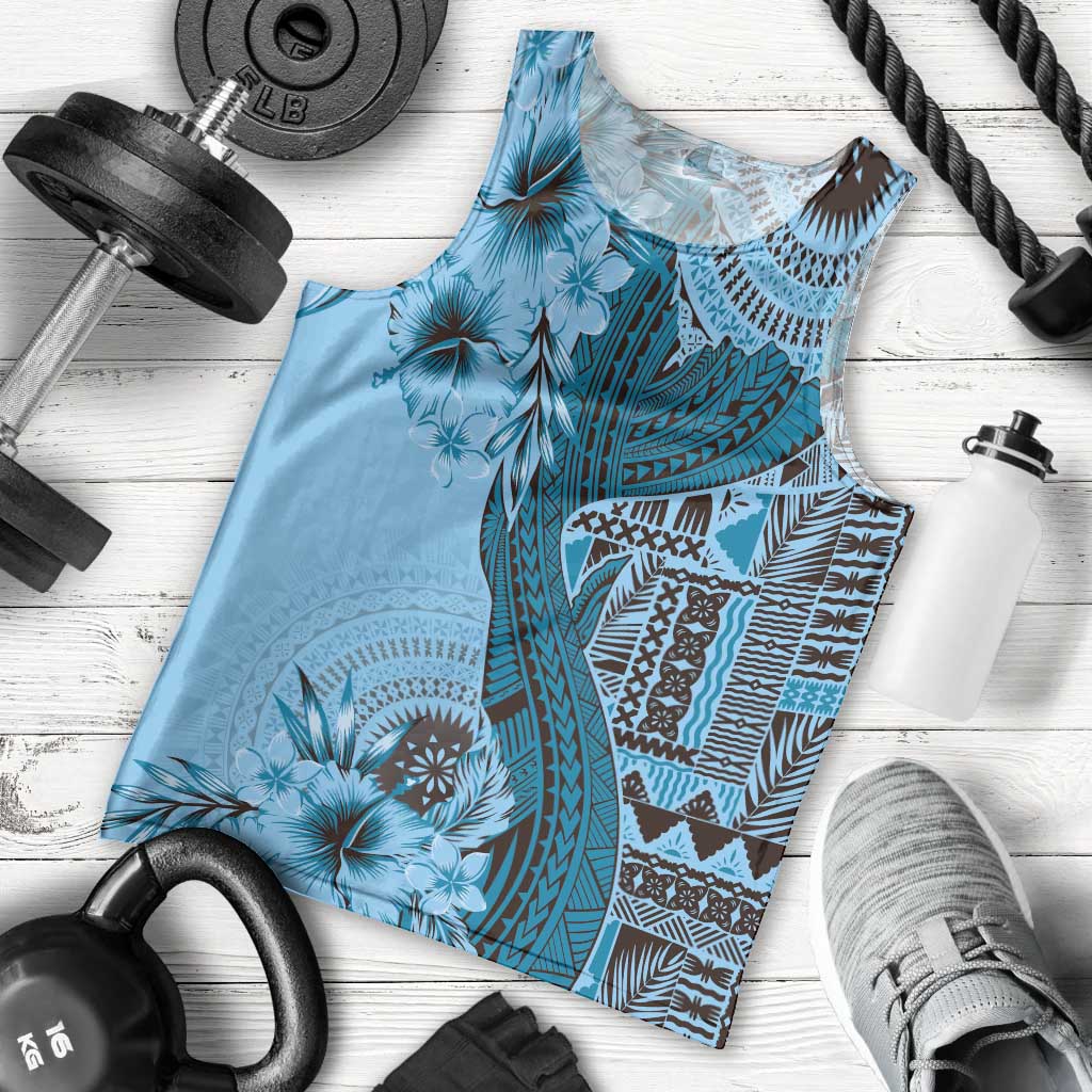 Bula Fiji Men Tank Top Shark Tail Turquoise Masi Tapa LT7 - Polynesian Pride