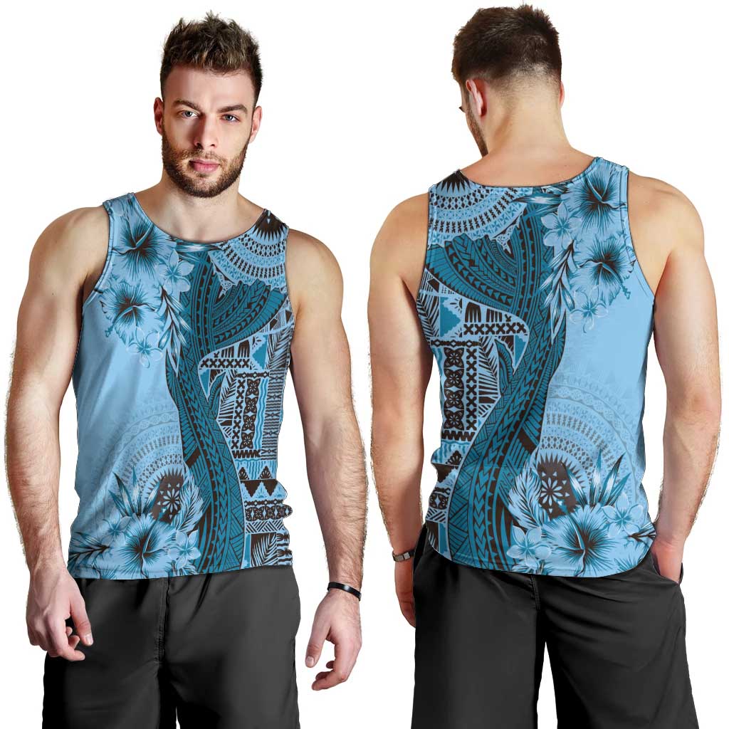 Bula Fiji Men Tank Top Shark Tail Turquoise Masi Tapa LT7 - Polynesian Pride