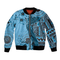 Bula Fiji Sleeve Zip Bomber Jacket Shark Tail Turquoise Masi Tapa LT7 Unisex Turquoise - Polynesian Pride