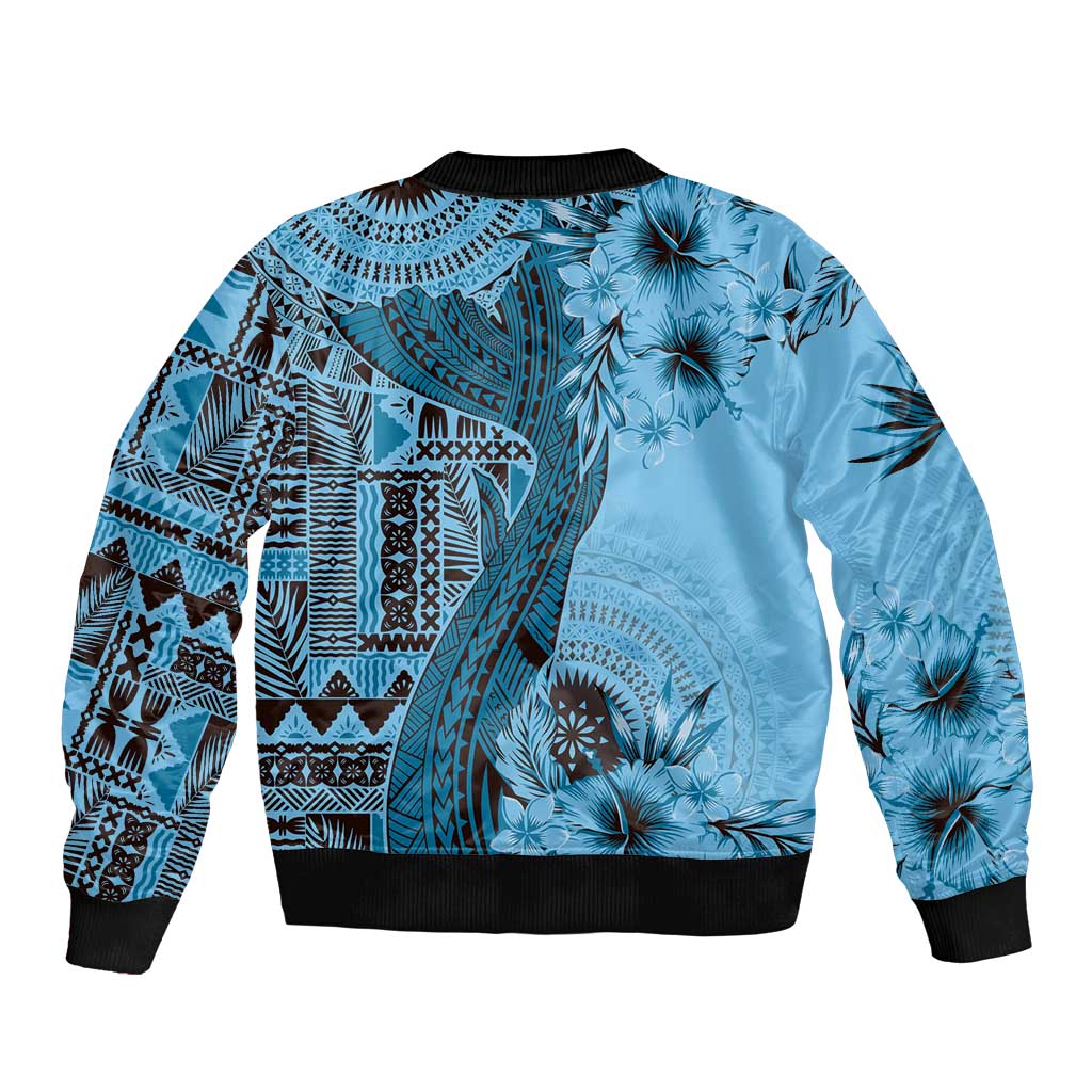 Bula Fiji Sleeve Zip Bomber Jacket Shark Tail Turquoise Masi Tapa LT7 - Polynesian Pride