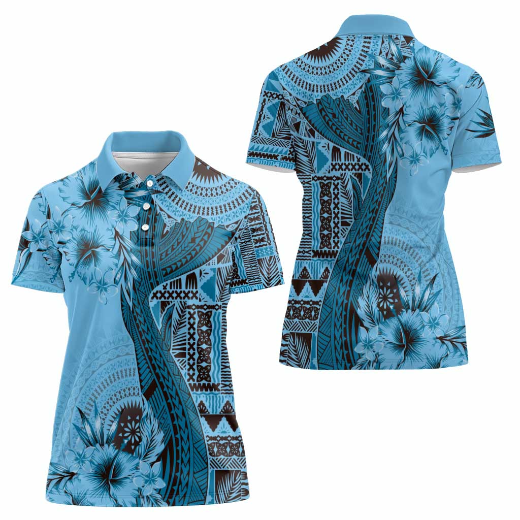 Bula Fiji Women Polo Shirt Shark Tail Turquoise Masi Tapa