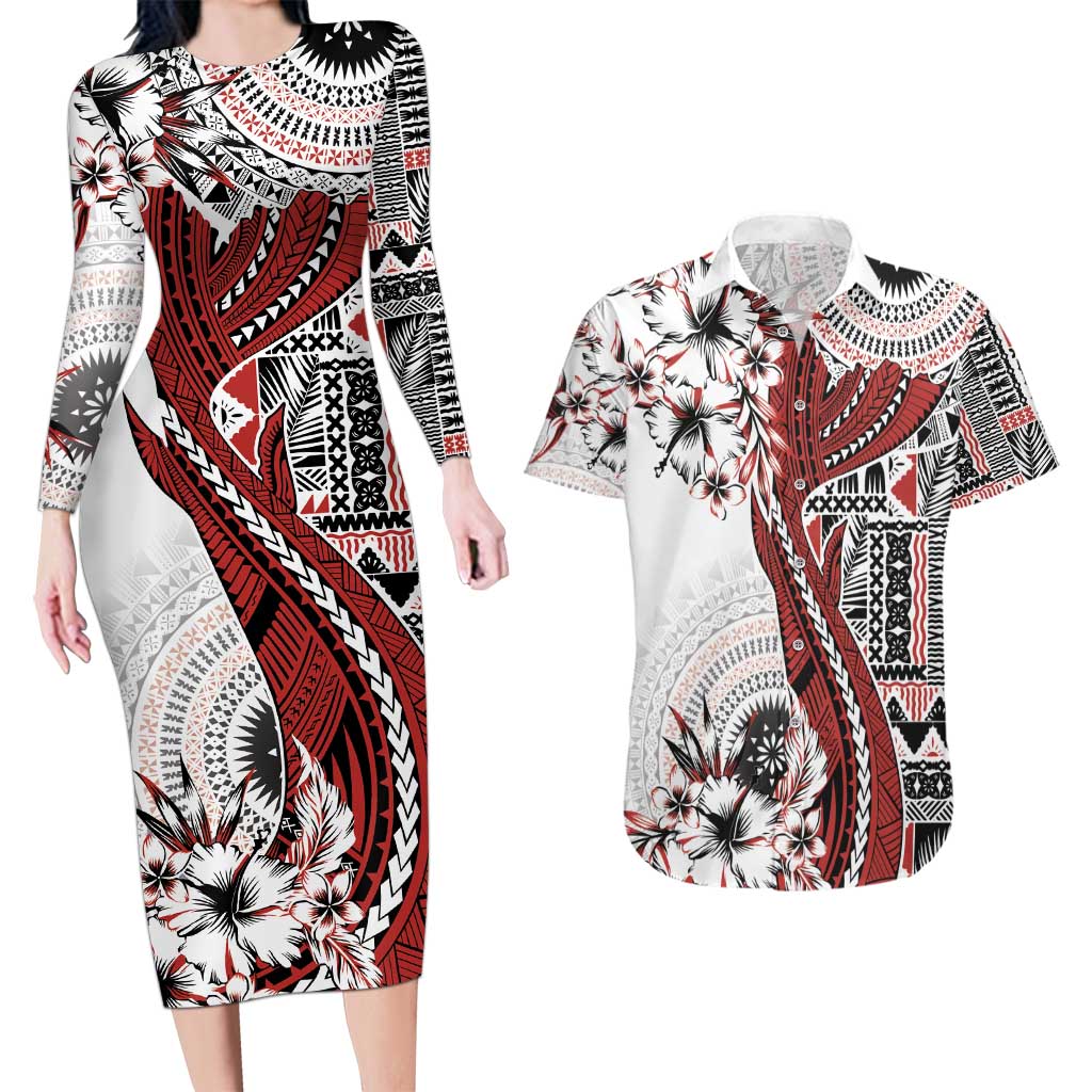 Bula Fiji Couples Matching Long Sleeve Bodycon Dress and Hawaiian Shirt Shark Tail White Masi Tapa LT7 White - Polynesian Pride