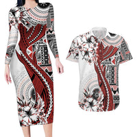 Bula Fiji Couples Matching Long Sleeve Bodycon Dress and Hawaiian Shirt Shark Tail White Masi Tapa LT7 White - Polynesian Pride