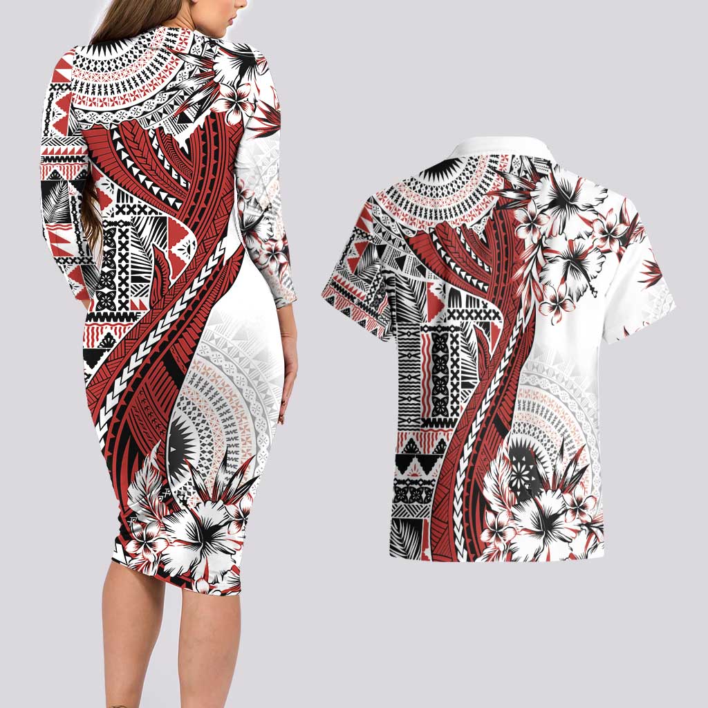 Bula Fiji Couples Matching Long Sleeve Bodycon Dress and Hawaiian Shirt Shark Tail White Masi Tapa LT7 - Polynesian Pride