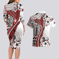 Bula Fiji Couples Matching Long Sleeve Bodycon Dress and Hawaiian Shirt Shark Tail White Masi Tapa LT7 - Polynesian Pride