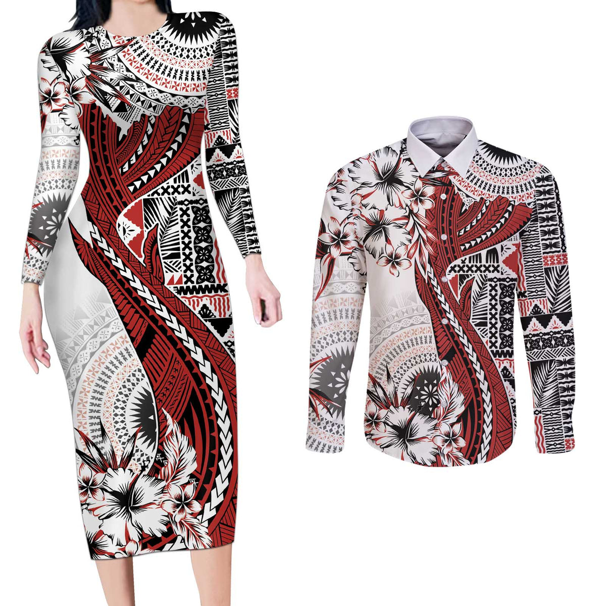 Bula Fiji Couples Matching Long Sleeve Bodycon Dress and Long Sleeve Button Shirt Shark Tail White Masi Tapa LT7 White - Polynesian Pride