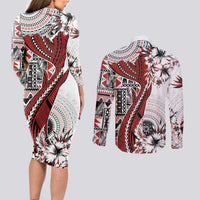 Bula Fiji Couples Matching Long Sleeve Bodycon Dress and Long Sleeve Button Shirt Shark Tail White Masi Tapa LT7 - Polynesian Pride