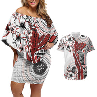 Bula Fiji Couples Matching Off Shoulder Short Dress and Hawaiian Shirt Shark Tail White Masi Tapa LT7 White - Polynesian Pride