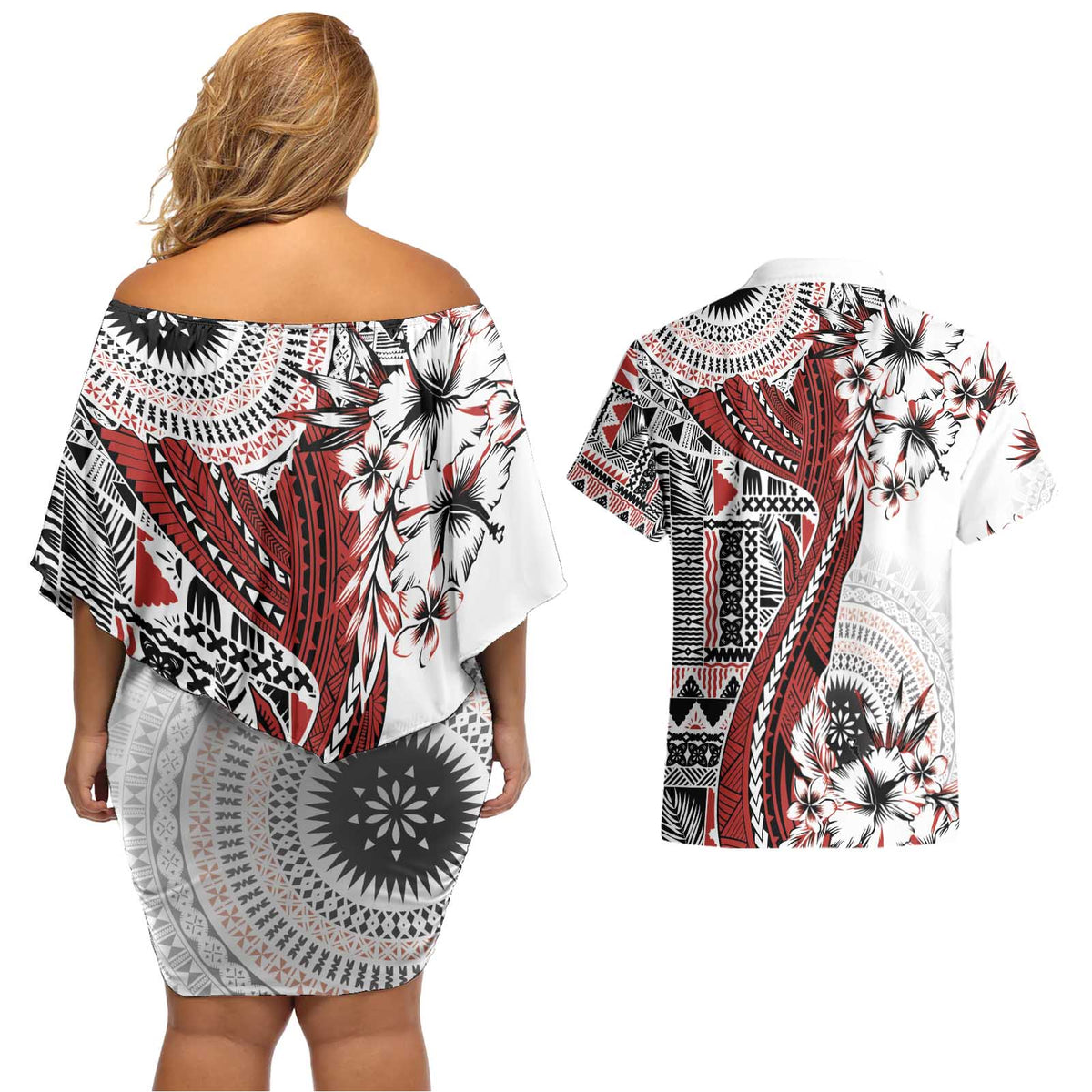 Bula Fiji Couples Matching Off Shoulder Short Dress and Hawaiian Shirt Shark Tail White Masi Tapa LT7 - Polynesian Pride