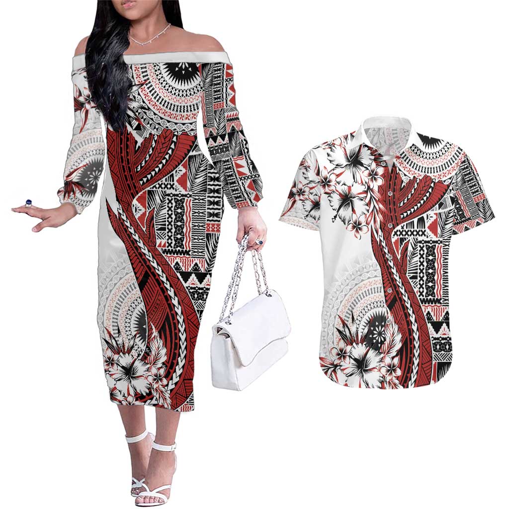 Bula Fiji Couples Matching Off The Shoulder Long Sleeve Dress and Hawaiian Shirt Shark Tail White Masi Tapa LT7 White - Polynesian Pride