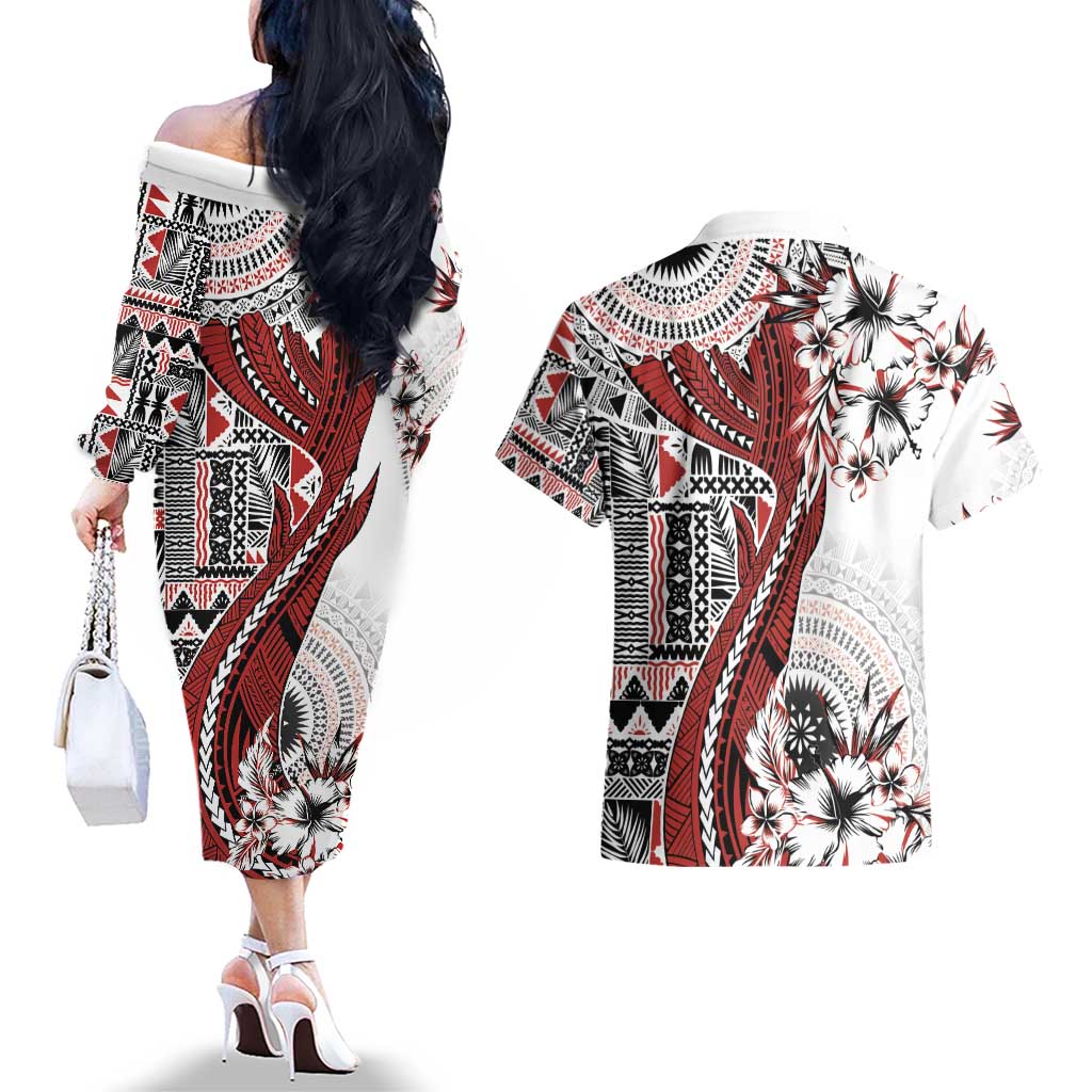 Bula Fiji Couples Matching Off The Shoulder Long Sleeve Dress and Hawaiian Shirt Shark Tail White Masi Tapa LT7 - Polynesian Pride