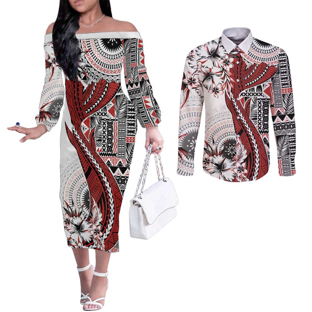 Bula Fiji Couples Matching Off The Shoulder Long Sleeve Dress and Long Sleeve Button Shirt Shark Tail White Masi Tapa LT7 White - Polynesian Pride