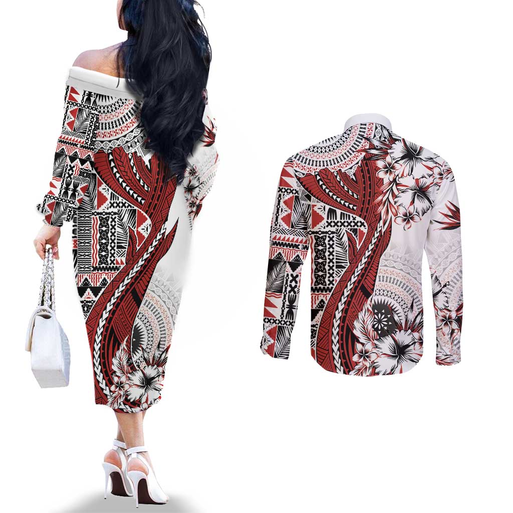 Bula Fiji Couples Matching Off The Shoulder Long Sleeve Dress and Long Sleeve Button Shirt Shark Tail White Masi Tapa LT7 - Polynesian Pride