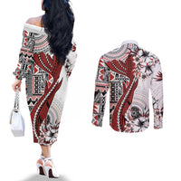 Bula Fiji Couples Matching Off The Shoulder Long Sleeve Dress and Long Sleeve Button Shirt Shark Tail White Masi Tapa LT7 - Polynesian Pride