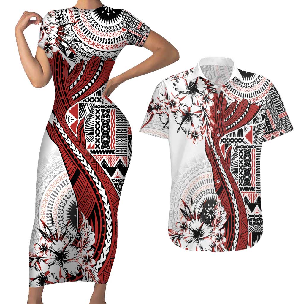 Bula Fiji Couples Matching Short Sleeve Bodycon Dress and Hawaiian Shirt Shark Tail White Masi Tapa LT7 White - Polynesian Pride
