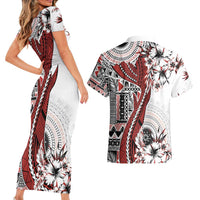 Bula Fiji Couples Matching Short Sleeve Bodycon Dress and Hawaiian Shirt Shark Tail White Masi Tapa LT7 - Polynesian Pride