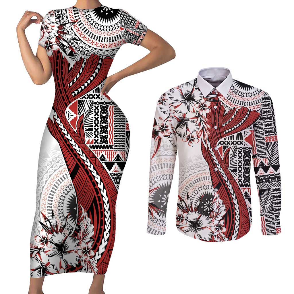 Bula Fiji Couples Matching Short Sleeve Bodycon Dress and Long Sleeve Button Shirt Shark Tail White Masi Tapa LT7 White - Polynesian Pride