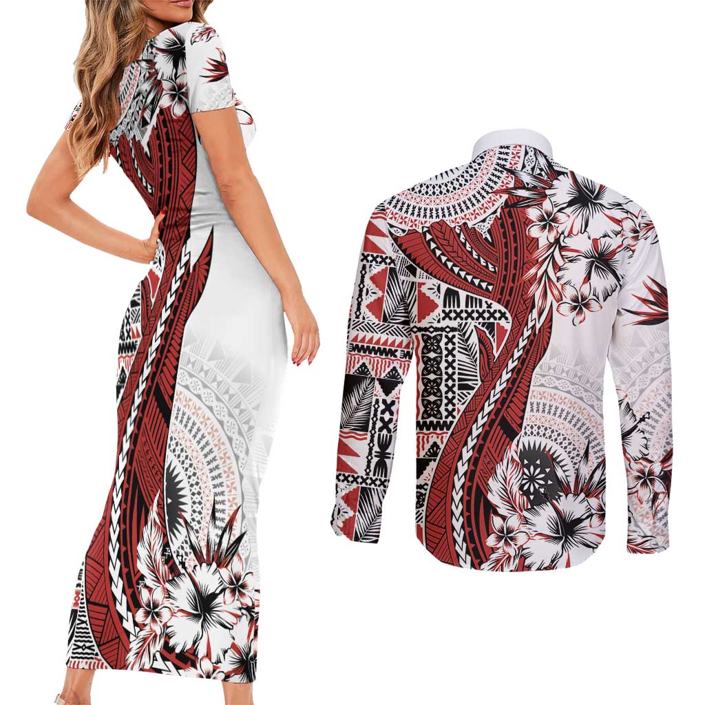 Bula Fiji Couples Matching Short Sleeve Bodycon Dress and Long Sleeve Button Shirt Shark Tail White Masi Tapa LT7 - Polynesian Pride