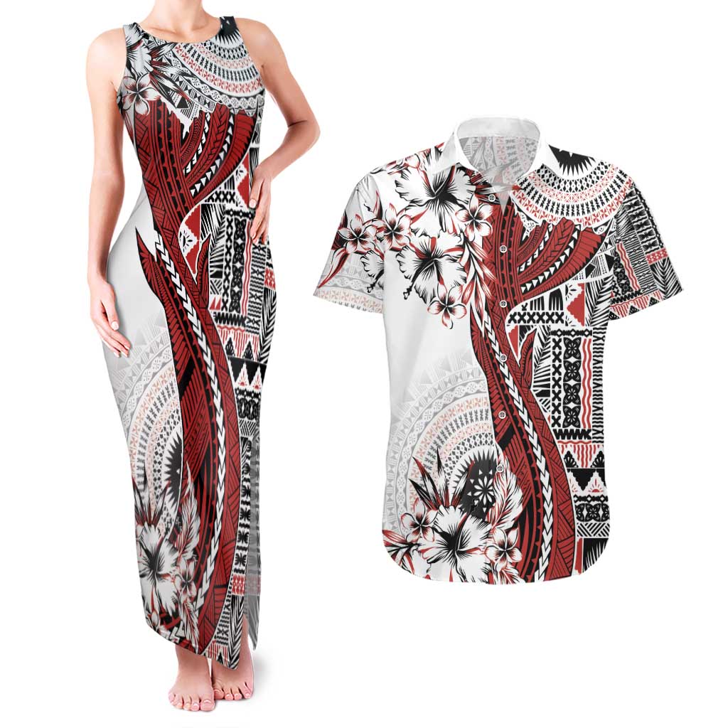 Bula Fiji Couples Matching Tank Maxi Dress and Hawaiian Shirt Shark Tail White Masi Tapa LT7 White - Polynesian Pride